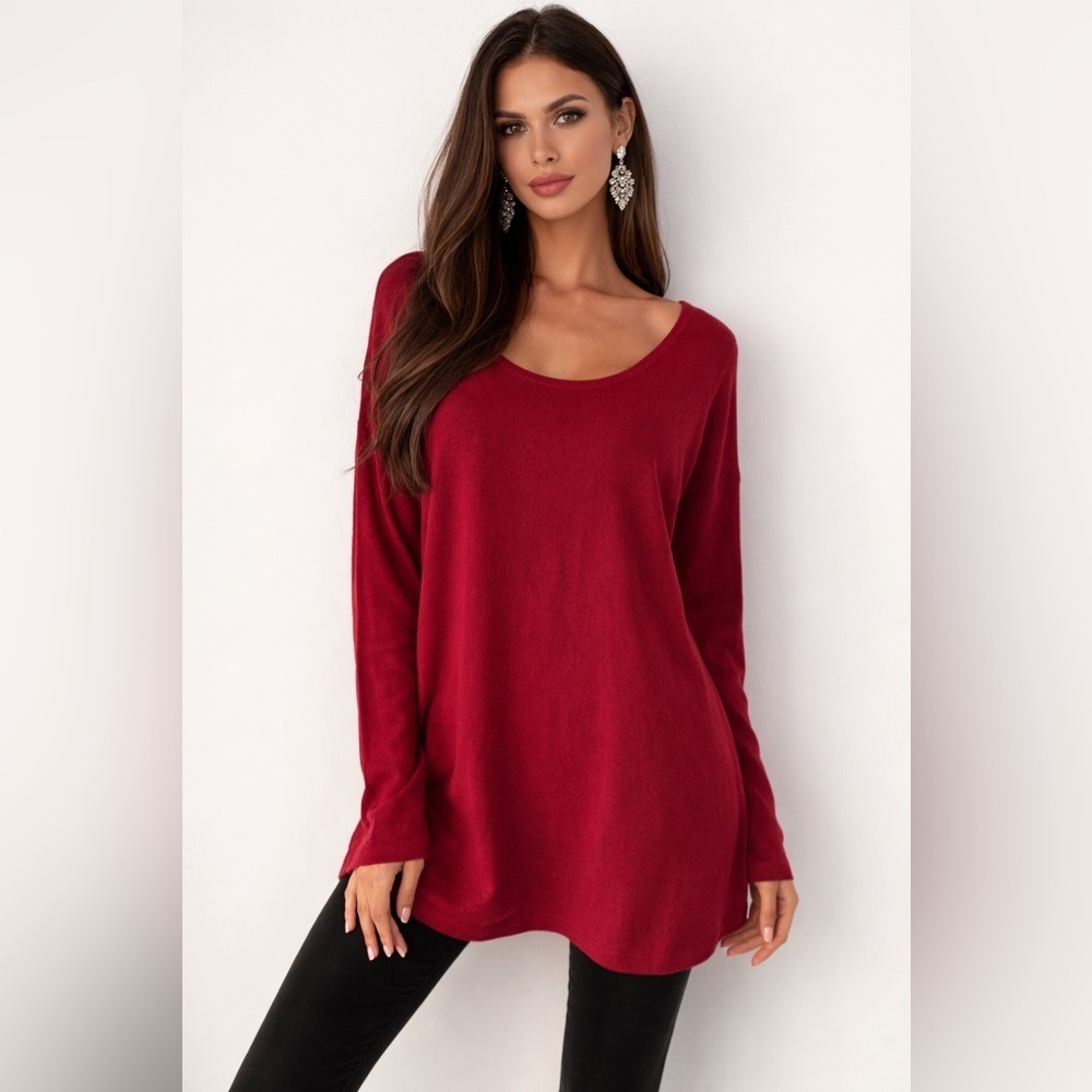 Soft Surroundings Deep Red Tunic High Low Zipper In Back Size Medium 3/4 Sleeve
